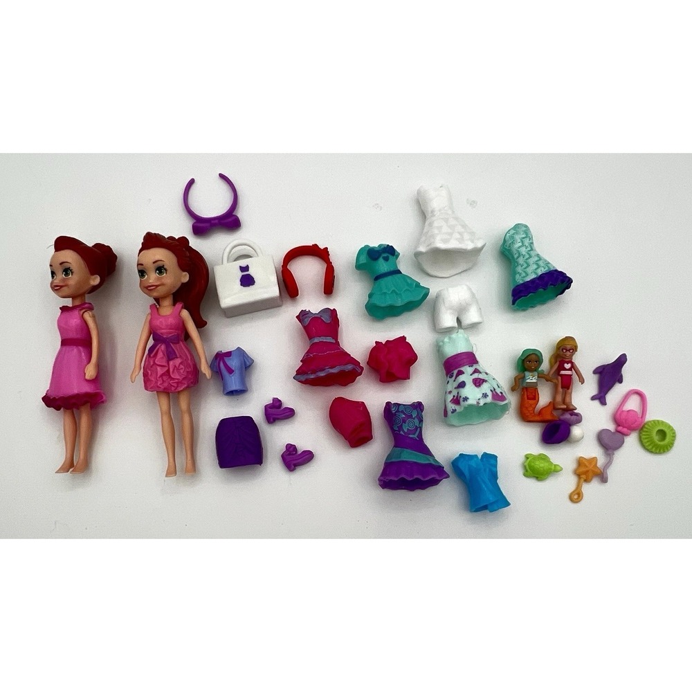 Polly Pocket 2 Dolls 3.75" Tall w/ Clothes Accessories Lot‎ Lila ? Mattel
